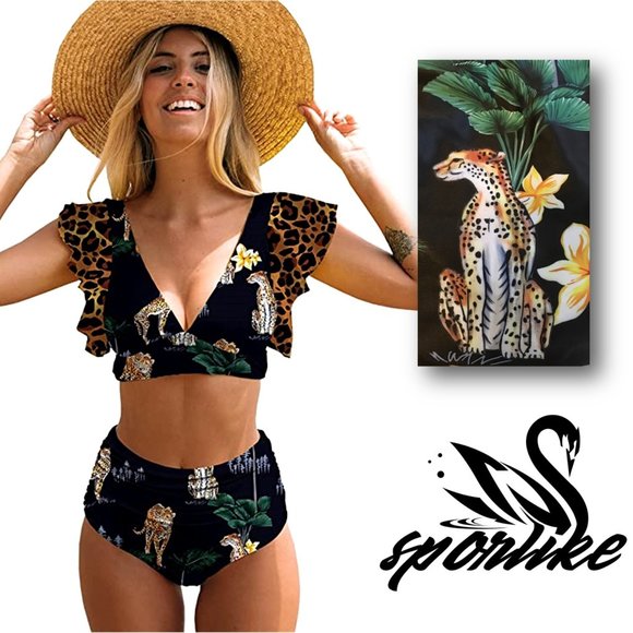 Sporlike Other - SPORLIKE High Waist Ruffle Top 2-Piece Jungle Print Swimsuit 🐆  NEW WITH TAG!!